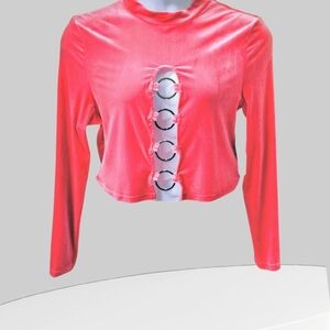 SHEIN CURV High Neck LongSleeve Cropped Pink Velvet Front Embellished O-Ring Top